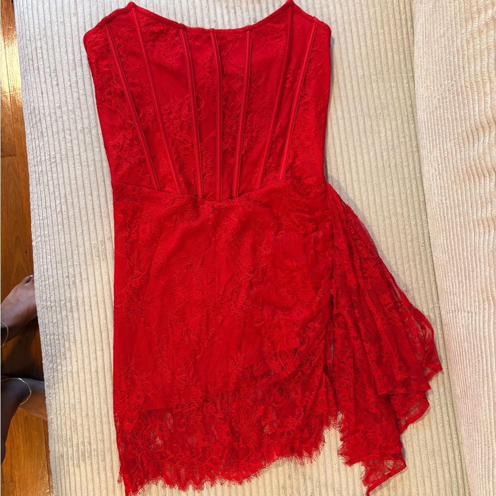 Fashion Nova Vibrant Red Asymmetrical Lace Dress